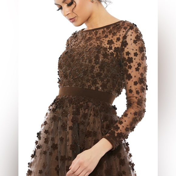 MAC DUGGAL NWT EMBELLISHED ILLUSION HIGHNECK LONG SLEEVE $498 Style 67007 Coffee - Picture 3 of 5
